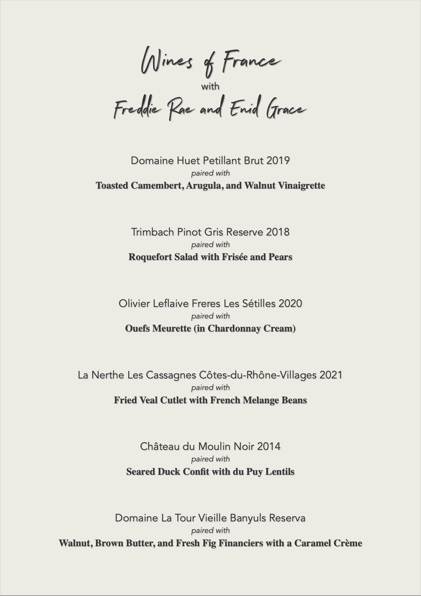 Wines of France Dinner with Enid Grace - Sunday 27th July