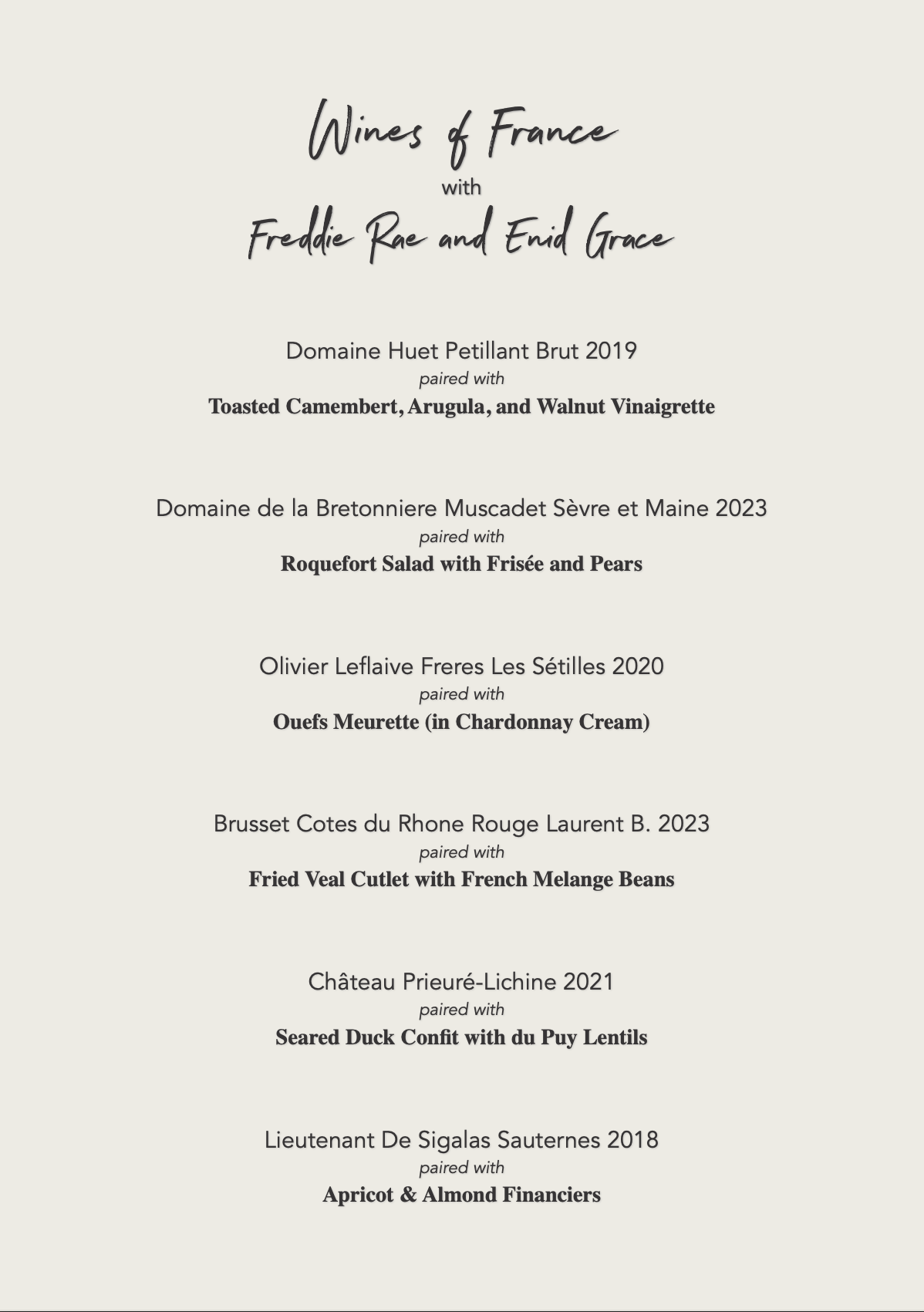Wines Pairing Dinner with Enid Grace - Sunday 17th August