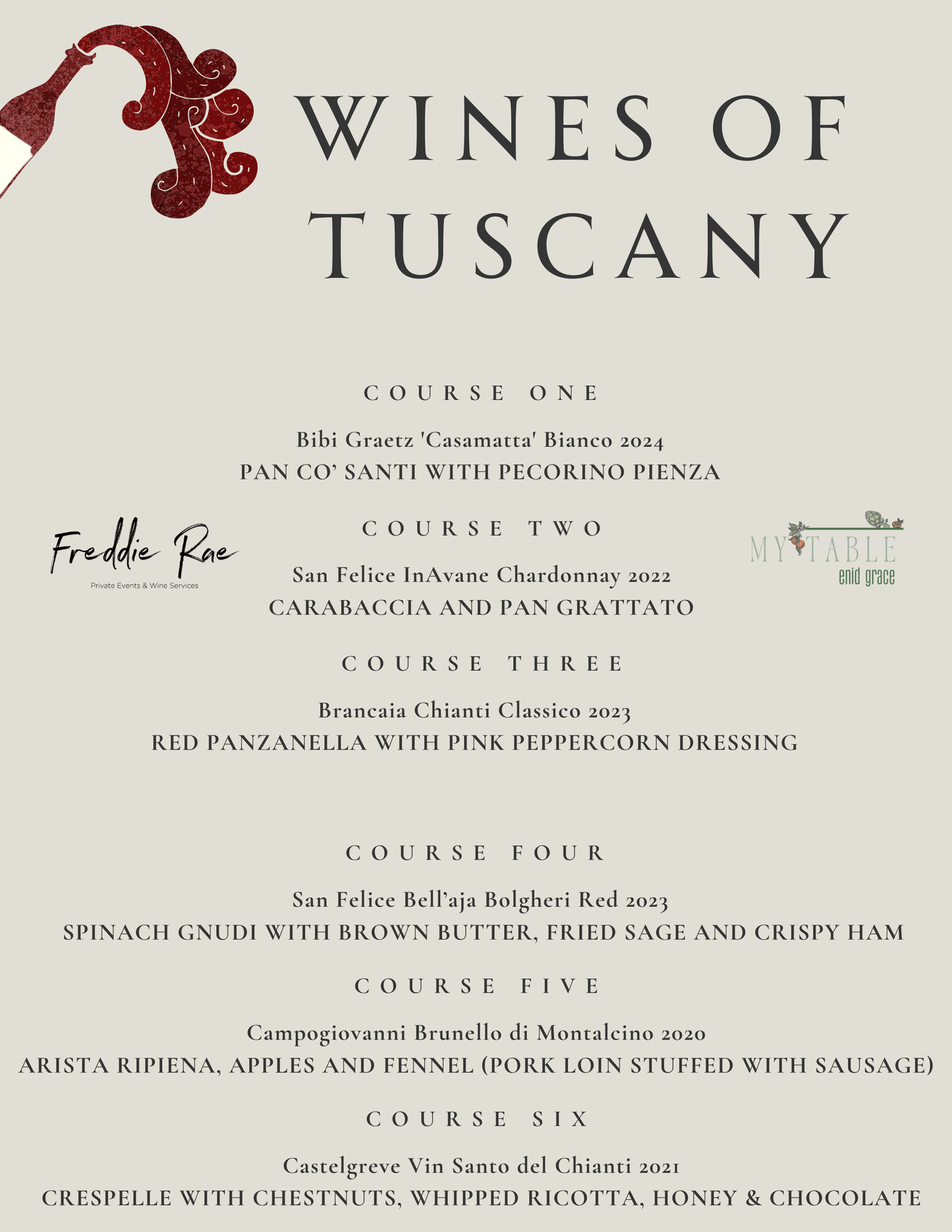 Wines of Tuscany Dinner with Enid Grace - Saturday, 14th February